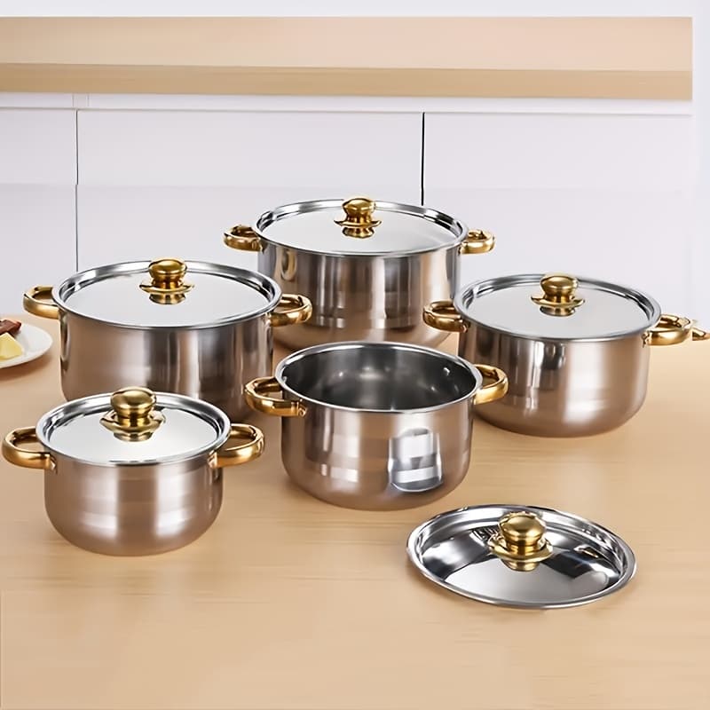 TEMU 10pcs （5pots+5lids）stainless Steel Cookware Collection - A Must-have For Induction Cooking, Includes , Ricotta Pot, Double Handle With Lid, Ideal For Soup, , Pasta, , Cooking