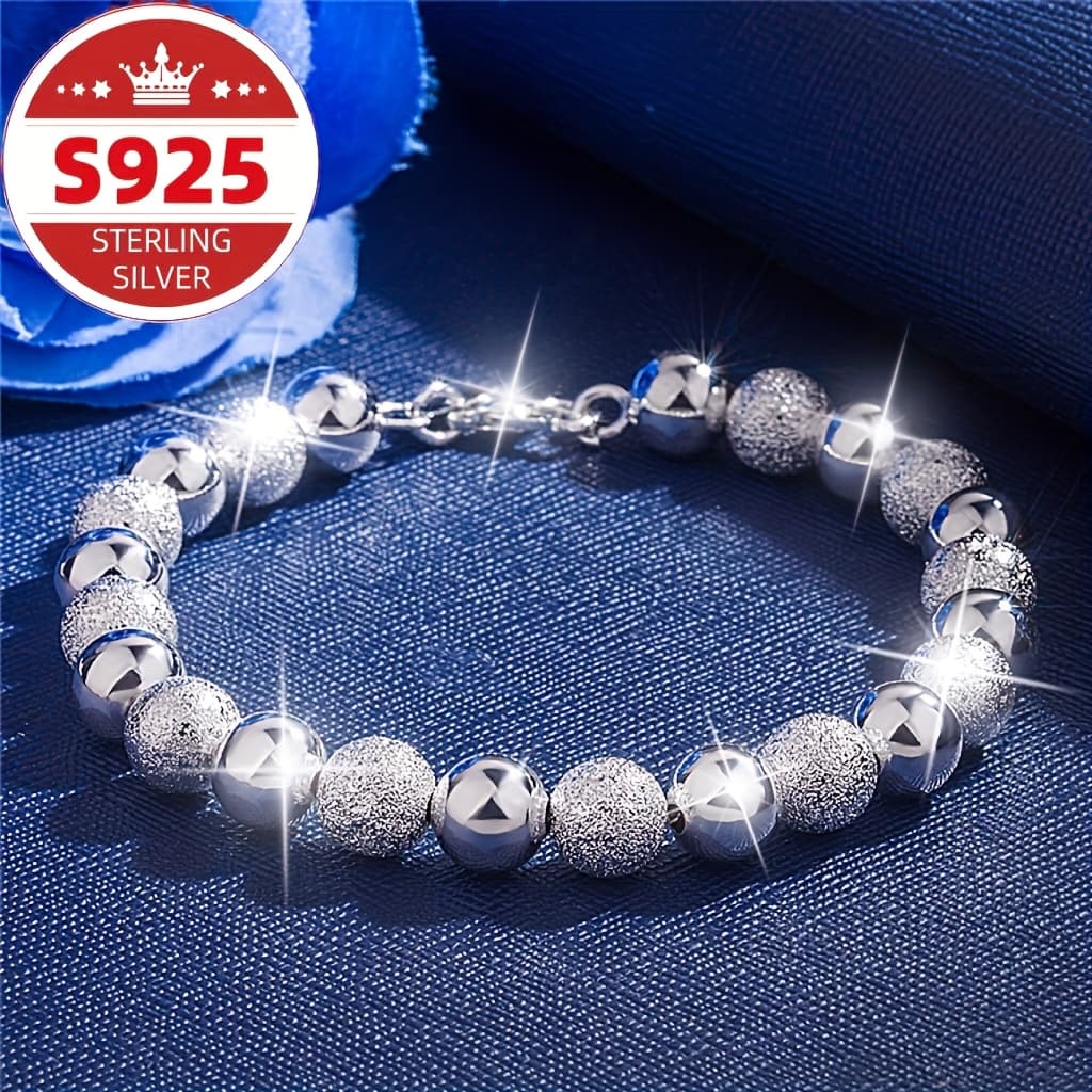 TEMU S925 Sterling Silvery Bead Bracelet 8m Frosted Bead Bracelet For Daily Wear. Women's Jewelry Is A Must-have For And For Valentine's Day, , And Carnival