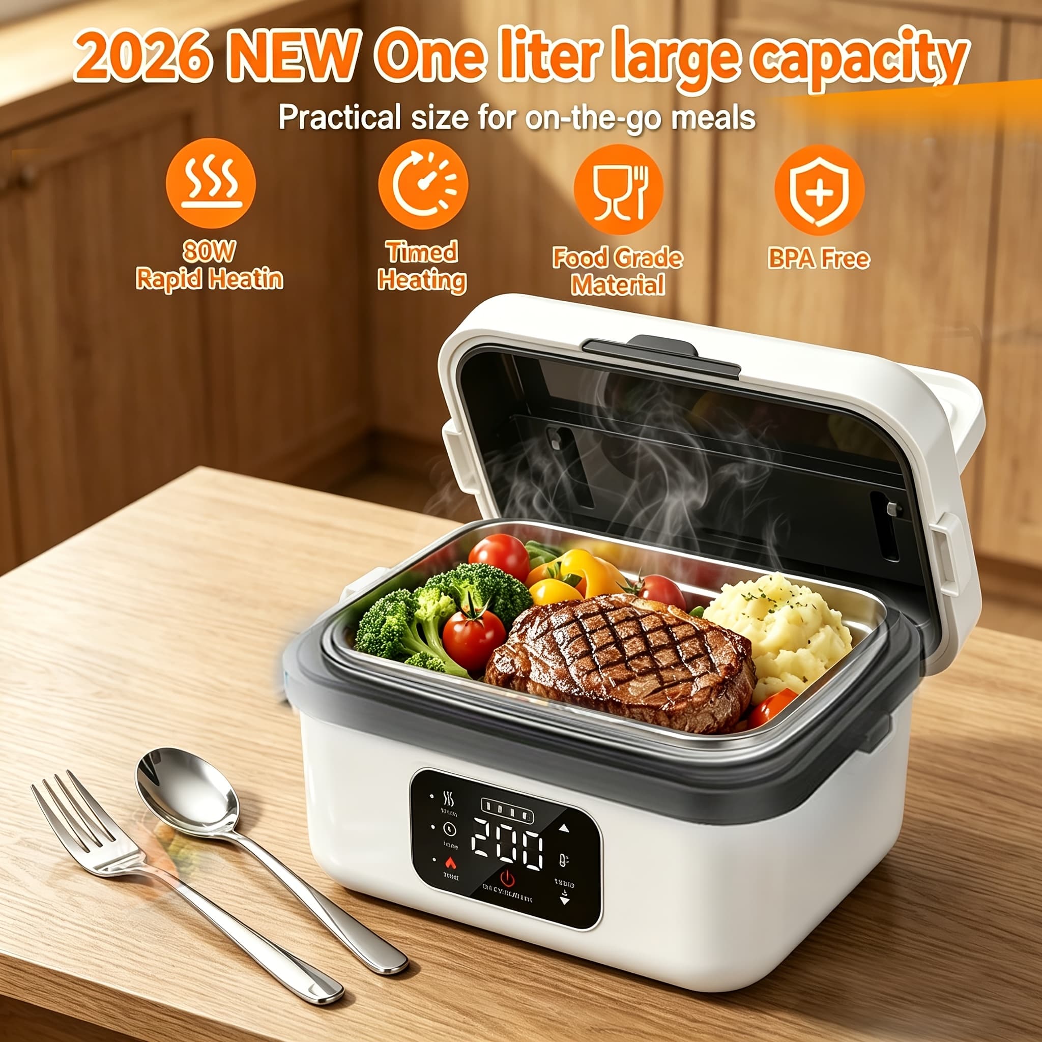 TEMU Portable Lunch Box, 33.81oz Stainless Steel Container, Leak-proof Design, Suitable For Work/ School Use, Can Heat Food Without Water, Battery Powered, A Must For Back To School Lunch Bag