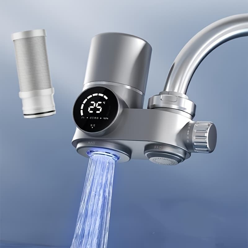 TEMU Faucet-mounted Filter Water Purifier With Filtration, Dual-outlet Mode, Water Delivery, And Temperature And Humidity Display; Reduces Lead, , And Heavy Metal Contamination