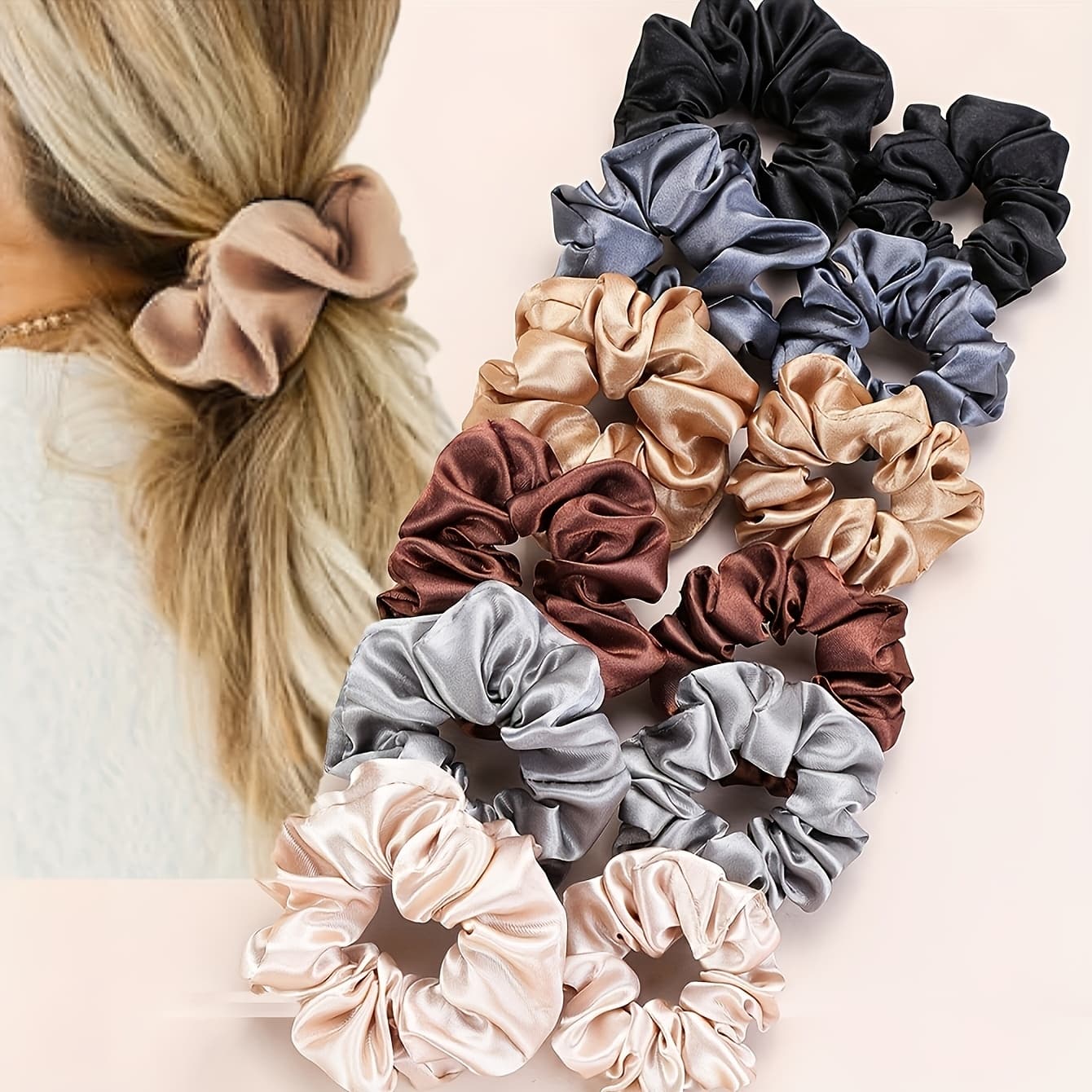 TEMU 12pcs Elegant Satin Hairband Set | Solid Color Vintage Fabric, Durable, Soft And Elastic, Suitable For Party Looks, Daily Updos, Travel, Valentine's Day/ Gift, Hair Accessory