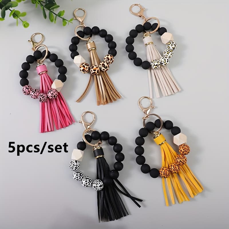 TEMU 5pcs/set Leopard Print Wooden Bead With Tassel Charm Bead Wrist Key Ring, Gift For , Gift For Mothers, Gift For , Holiday Gift