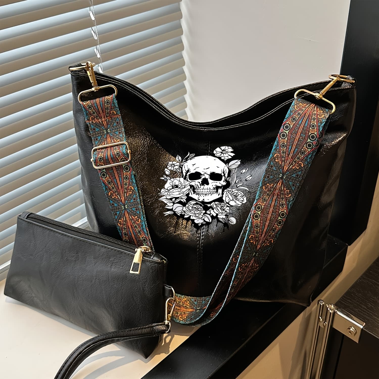 TEMU Wide Strap Large Capacity Tote Bag, Bag, Shoulder Bag, Underarm Bag, Coin Purse, Casual And Versatile, Designed With Skull And Floral Patterns, Ideal For Daily Commuting