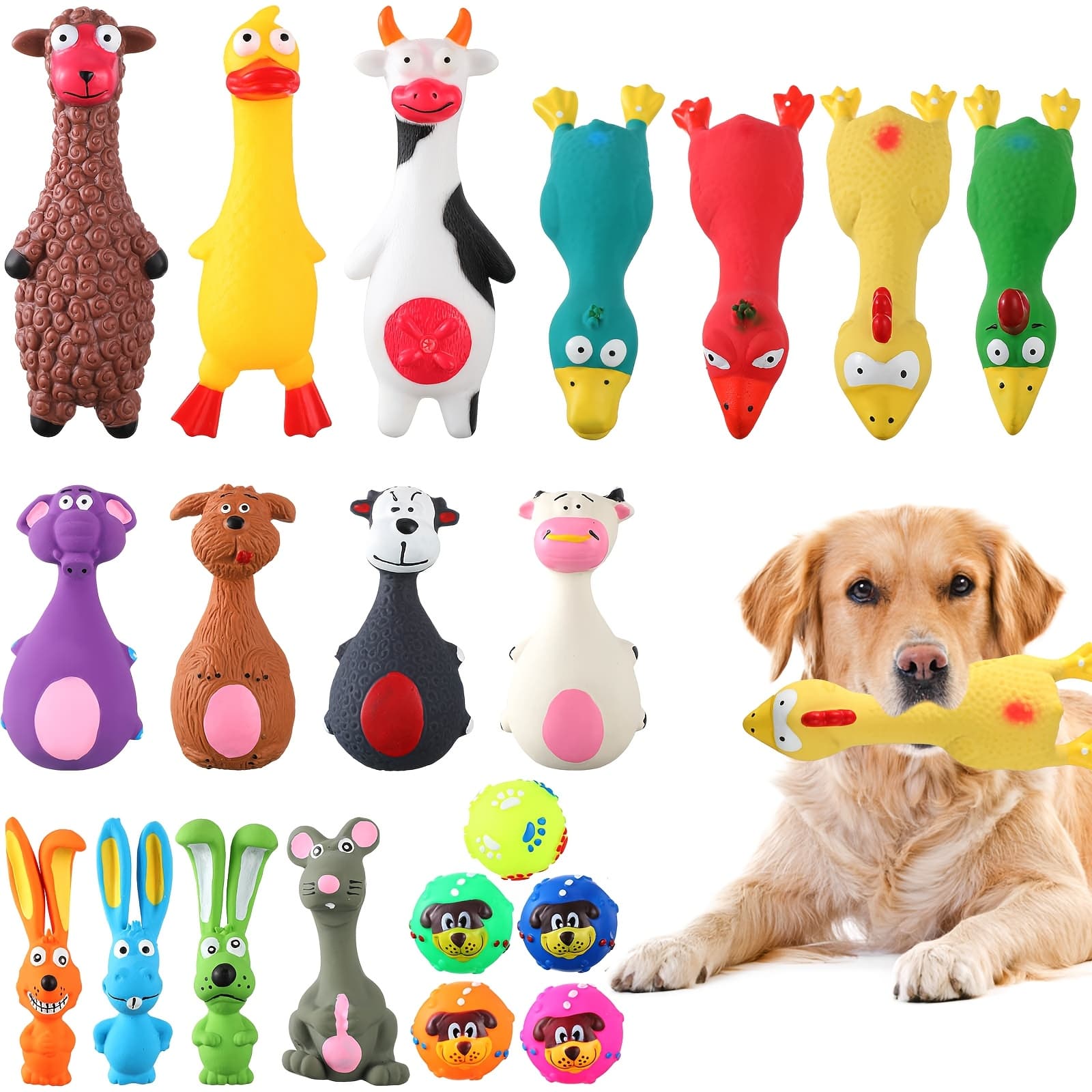 TEMU 20pcs Squeaky Dog Toys, Latex Dog Toys Soft Bulk Squeaky Chew Balls Chicken Assorted Animals Puppy Fetch Interactive Play For Small Medium Large Pets()
