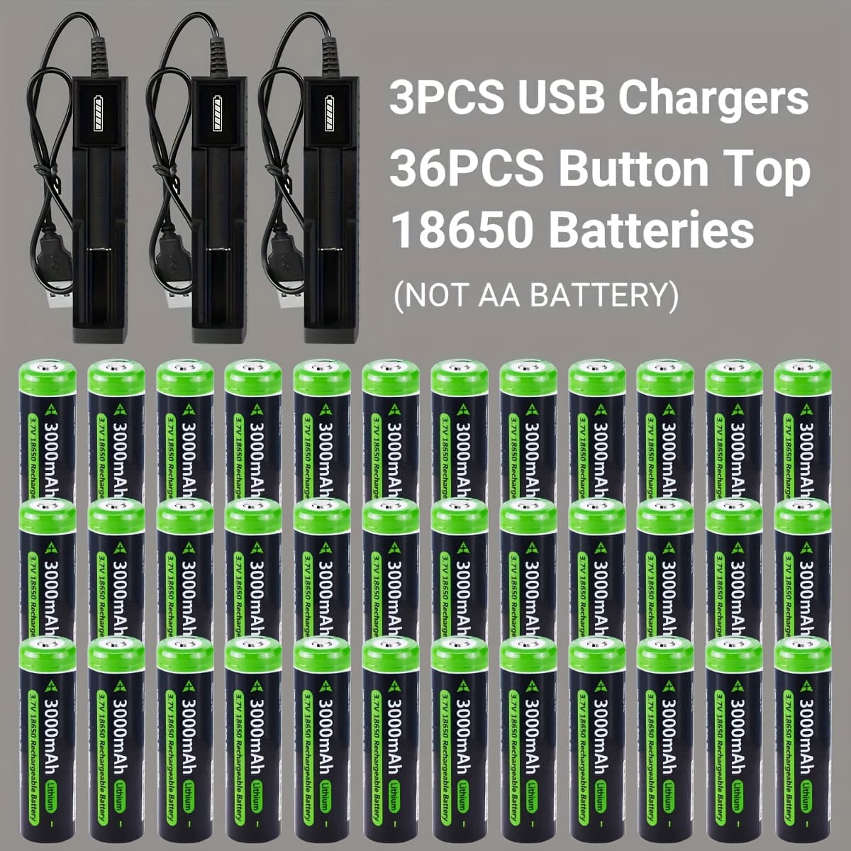 TEMU 3pcs Usb Battery Charger With 36pcs Rechargeable Button Top 18650 Suitable For Remote Controls, Led Flashlights, Solar, For, Outdoor, Emergency Power Supply, Usb- Device (not Aa)