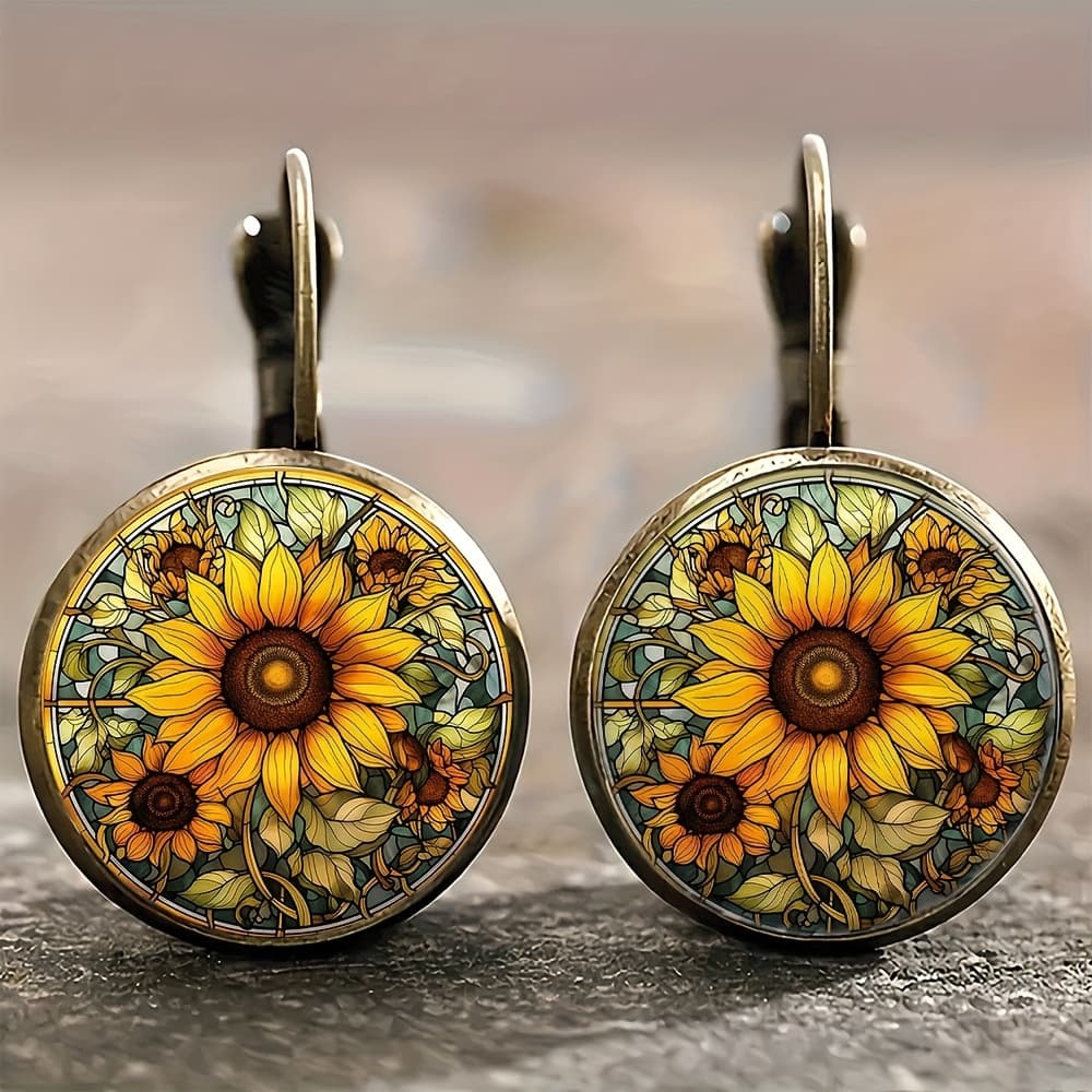 TEMU Sunflower Stained Glass Earrings - Vintage Round Hoops With Multicolor Glass Panels, Jewelry For, Wedding, Party & Casual Attire - Elegant Gift Idea (alloy Base), For Teenager