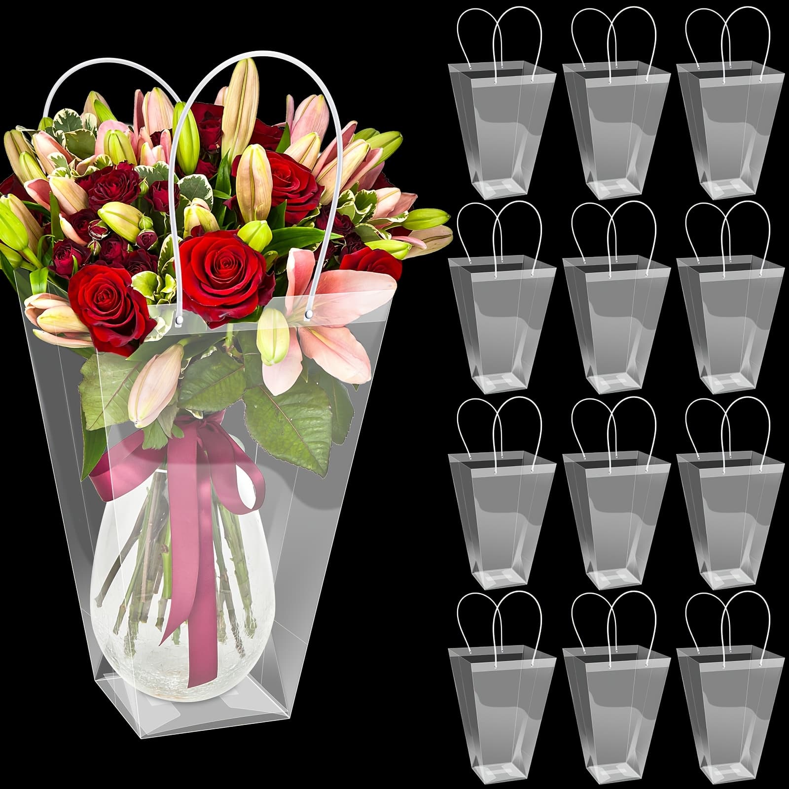 TEMU 12pcs Clear Plastic Bags With Handles, Transparent Flower Gift Packaging For Birthday, Christmas, Valentine's, Day, Wedding - 11.4 X 5.9 X 16.7 Inches, Floral Gift Bags