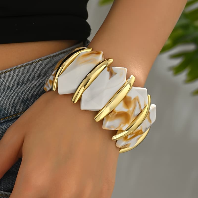 TEMU Simple Wide-band Elastic Irregular Bracelet For Women. Resin Patterns May