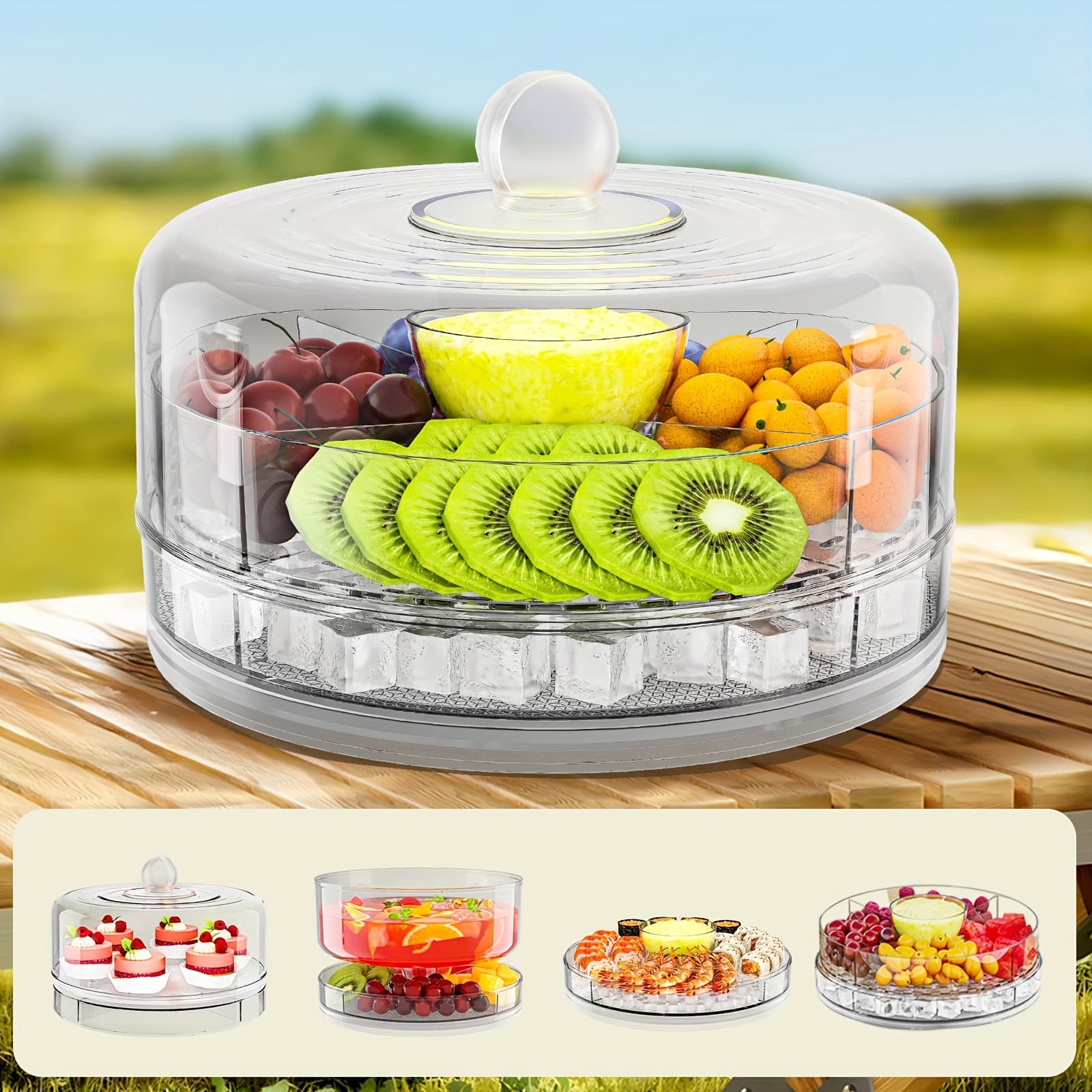 TEMU Chilled Serving Tray For Parties With Clear Rotating Lid, 9 Inch Fruit Platter With Lid And Ice Storage, 4 Compartment Cold Food Tray For Veggies, Sushi, Snacks And Cupcakes