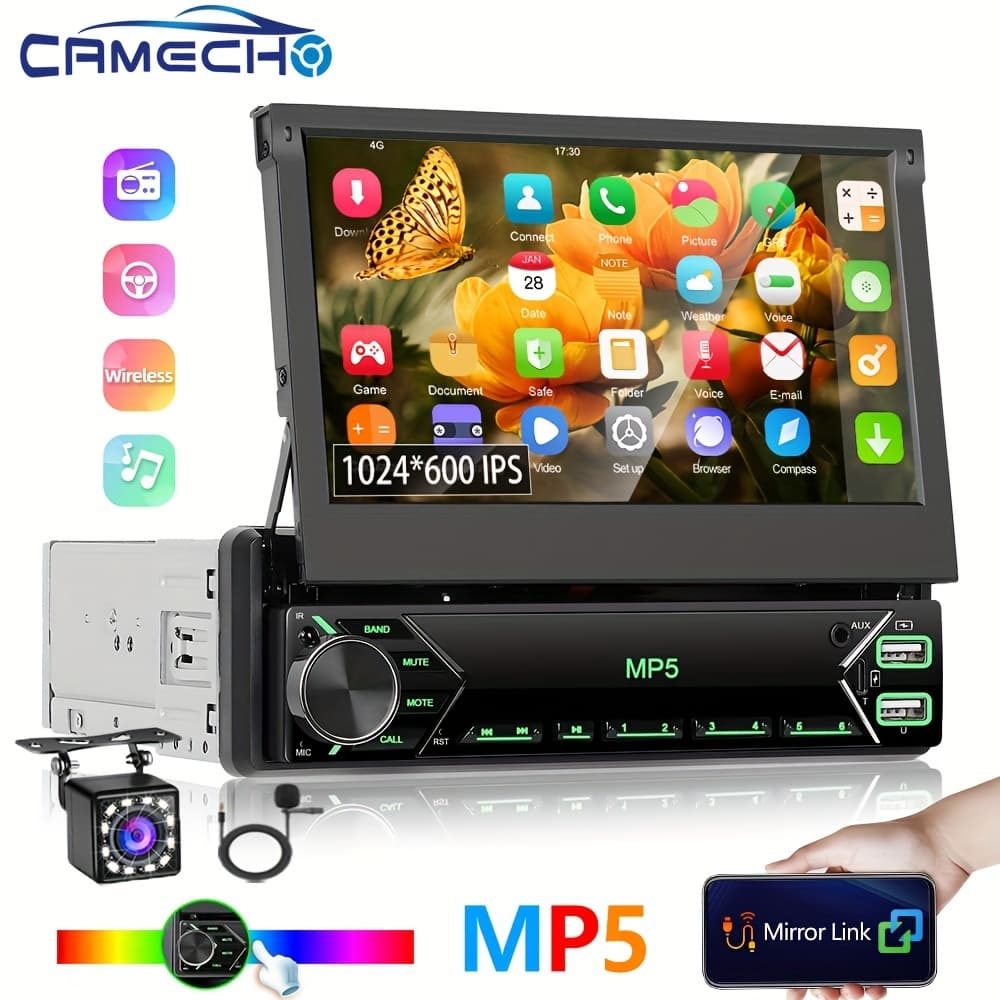 TEMU Camecho 1din 7"ips Eq Manual Retractable Monitor Car Radio Universal Mp5 Stereo With Fm Radio Receiver With Rear View Camera +mic