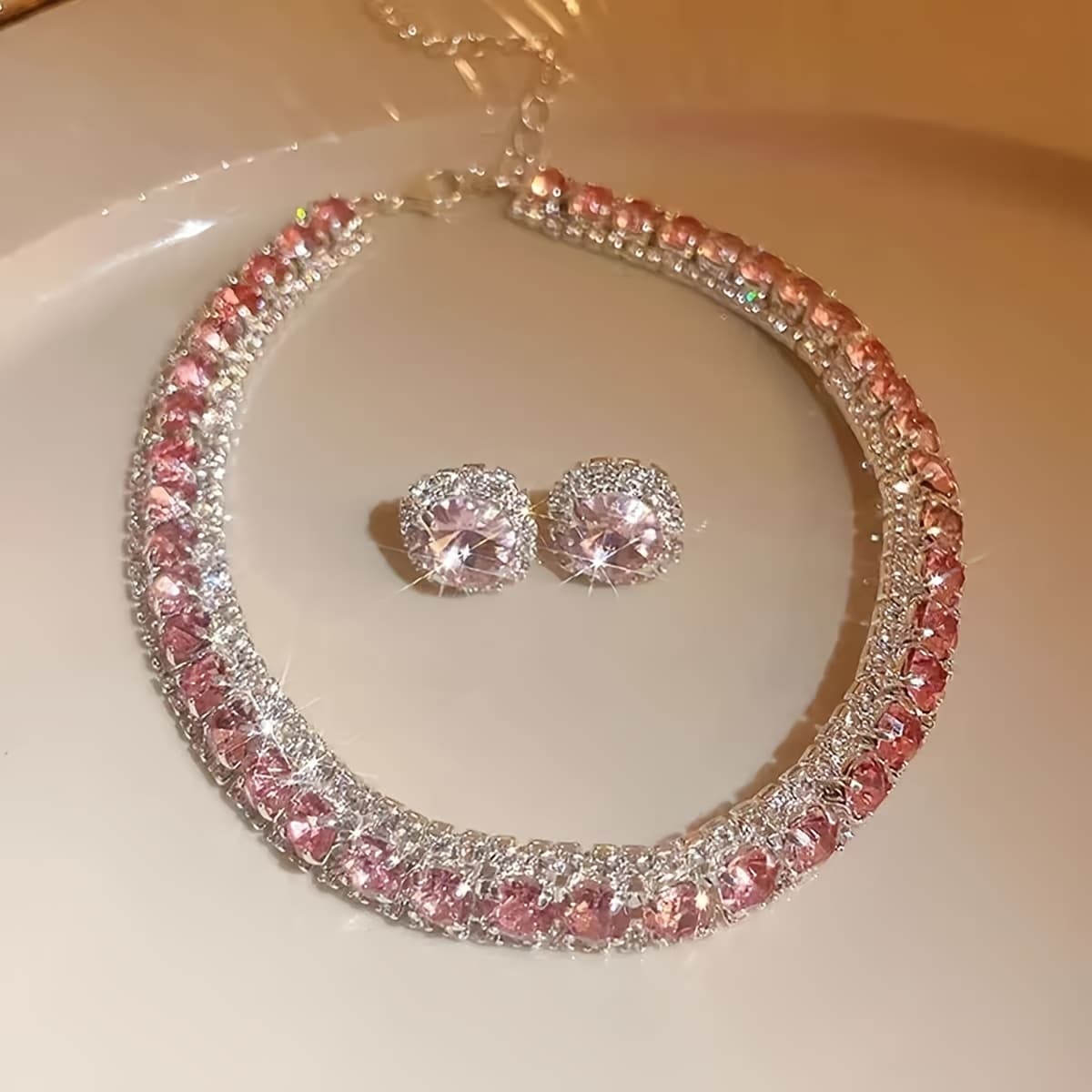 TEMU Necklace And Earrings 2pcs Set Elegant Pink Bridal Wedding Jewelry Suitable For Evening Dress Party Banquet Gift
