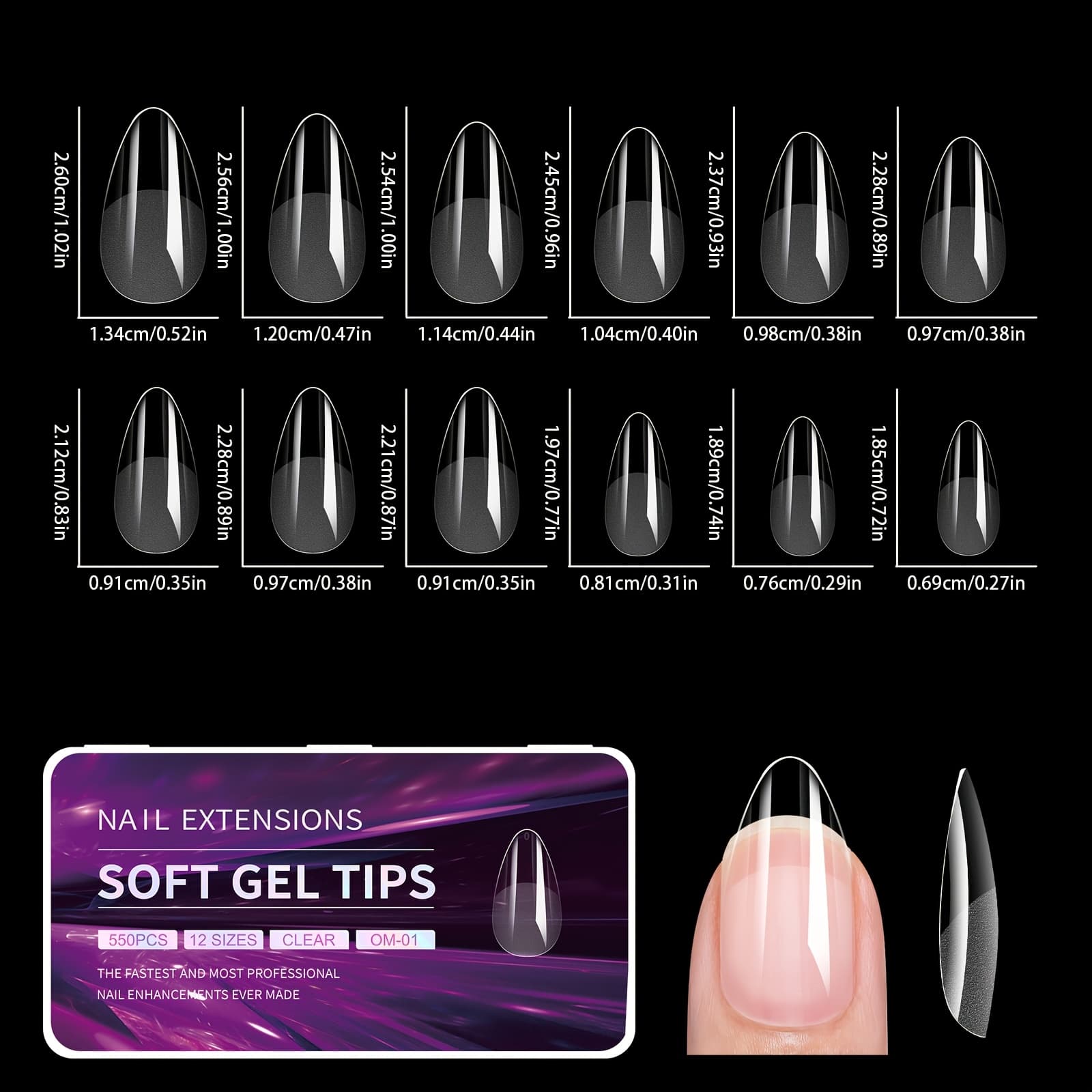 TEMU 550pcs Soft Gel Full Cover Nail Tips, Short Almond And Coffin Multi-sizes Transparent False Nails For Acrylic Artificial Nails