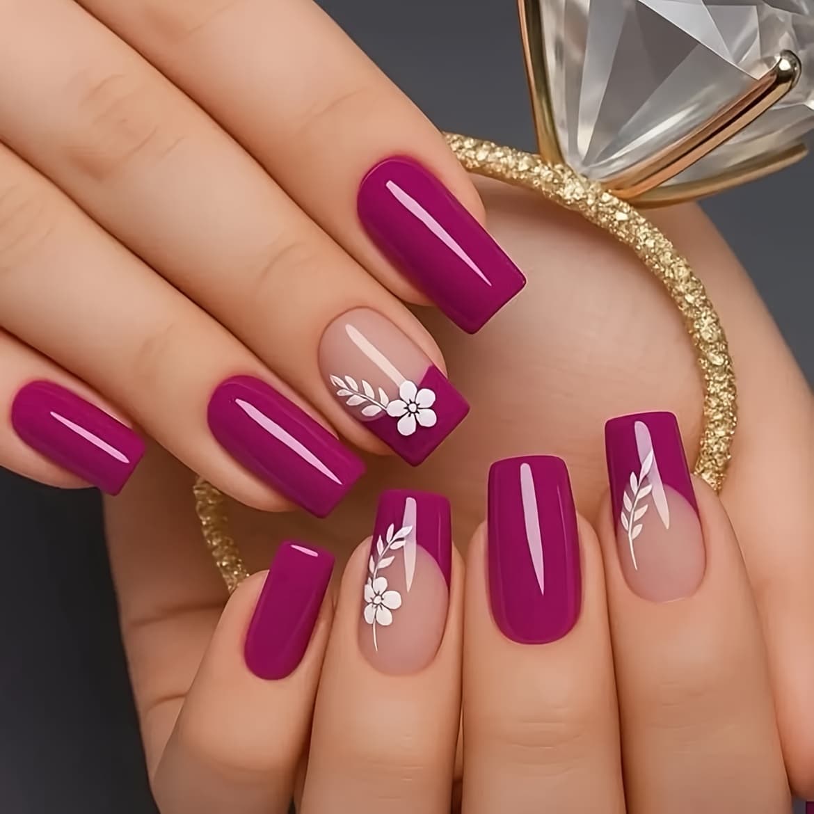 TEMU 48pcs Women's French Tip Nail Set - & Purple Glossy Press-on Nails With Square Medium Length Branch , Machine-nail For Diy Manicure, Nail For Care (48pcs)