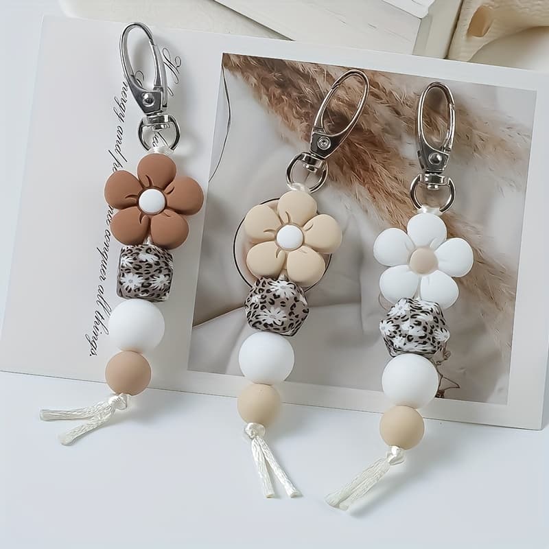 TEMU Set Of 3 Flower Bead Mini Keychains, Adorable Keychain, Perfect For Holiday Gifts