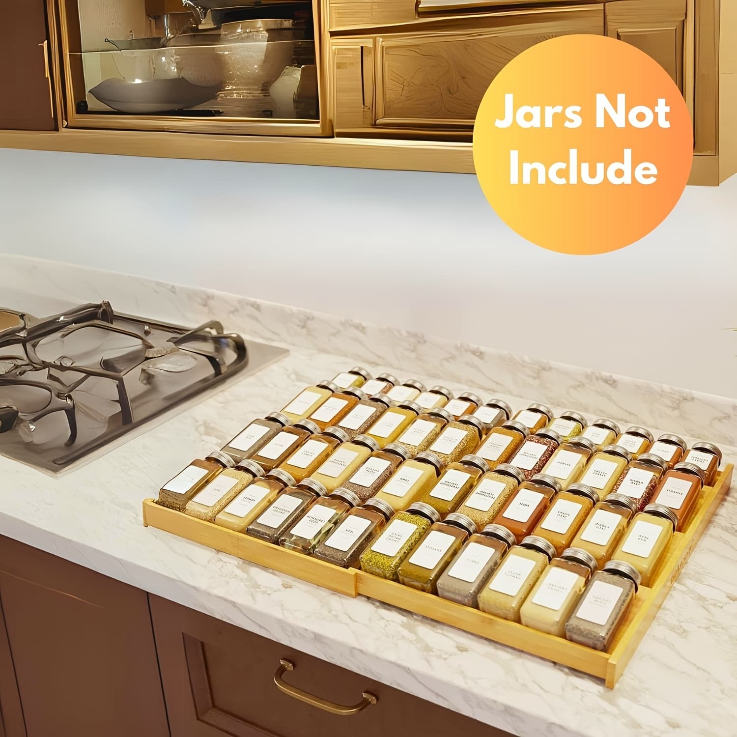 TEMU Expandable Bamboo Spice Rack For Kitchen Cabinets, 4 Tier Seasoning Drawer Insert, Adjustable From 12" To 23", Jars Not Included