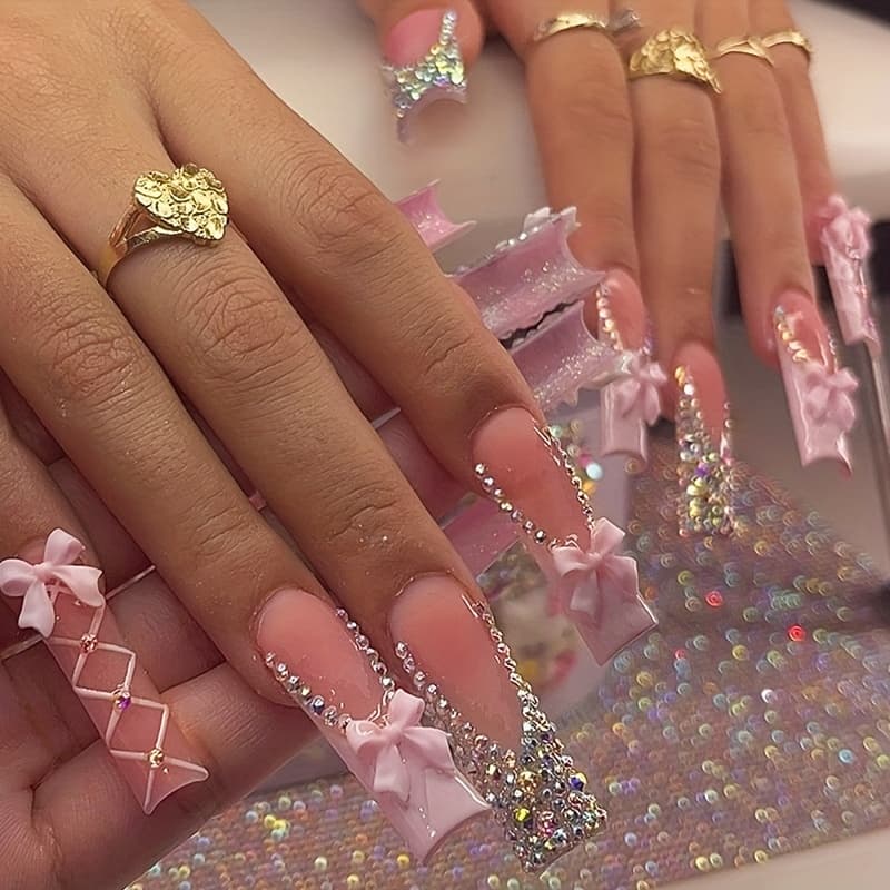 TEMU 24pcs Pink Tip Nails Long Coffin Press On Nails Reusable Xxl/xxxl With 3d Bow & Colors Surface Glossy Fashion Elegant Style For Woman Daily Wear Festival Party