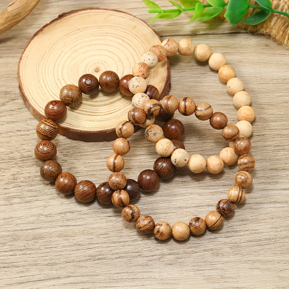 TEMU European And Natural Wood Bead Turquoise Stretch Bracelet Handmade 3pcs Set Wood Bead Jewelry