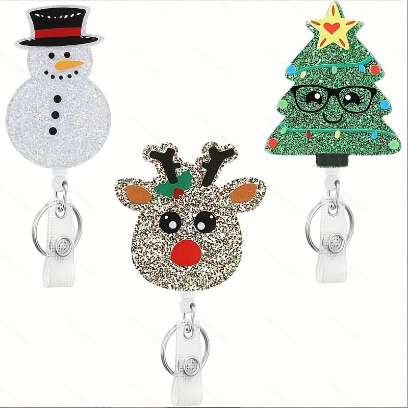 TEMU 2d 3pcs Retractable Christmas Badge Reel Clip, Nurse Id Card With Crocodile Rotating Clip, Cute Elk Snowman Christmas Tree Badge Clip, Suitable For Nurse Students