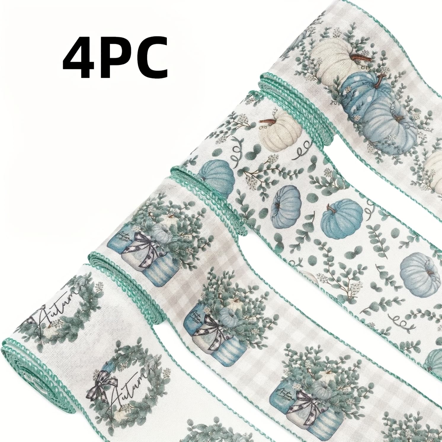 TEMU 4 Rolls Of Wired Edge Ribbon Featuring Blue Pumpkins And Eucalyptus Leaves, Perfect For Autumn-themed Crafts, Thanksgiving Wreaths, Bows, And Gift Wrapping