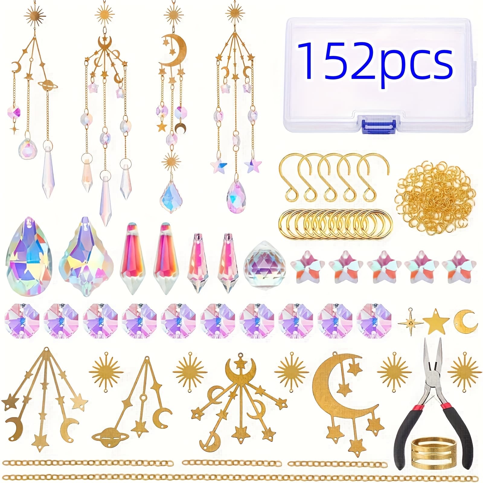 TEMU Diy Catchers Kit - 152 Pieces Hanging Solar Catcher Window Decorations In , Wind Chime Style, With Glass Prisms And Metal Components, No Power Required