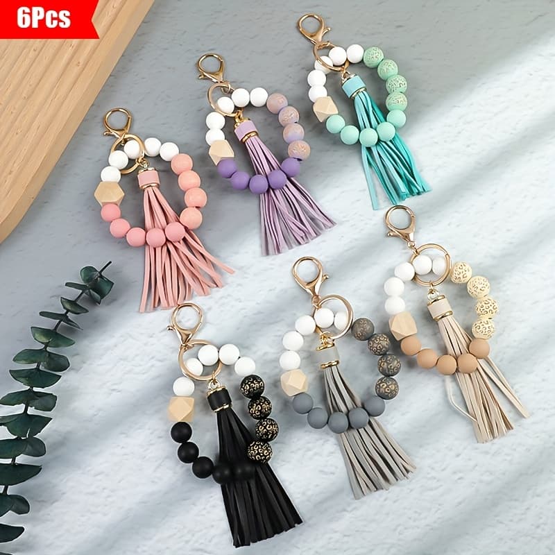 TEMU 6pcs Of Carved Wooden Bead Bead String With Pu Tassel Keychain Anti Lost Keychain Holiday Gift