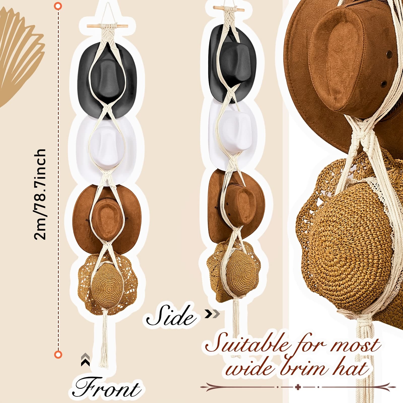 TEMU Handmade Boho Hat Hanger Wall Organizer - Macrame Decorative Display For Cowboy Hats, Fedoras, Wide Brim & Baseball Caps