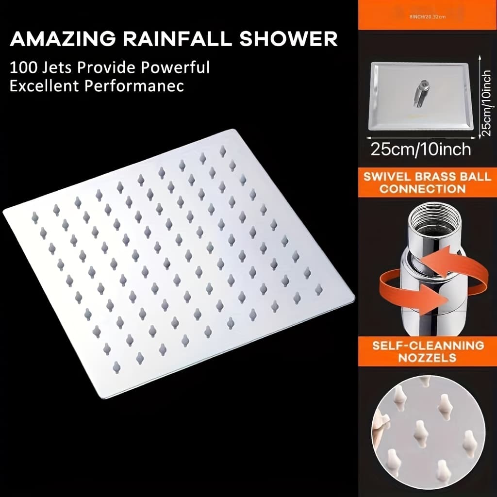 TEMU 1pc Square Showerhead - Stainless Steel High-pressure Adjustable , Ultra-thin Wall-mounted Design With Polished Finish For Modern Bathroom Upgrade, Contemporary Style, Durable Construction,