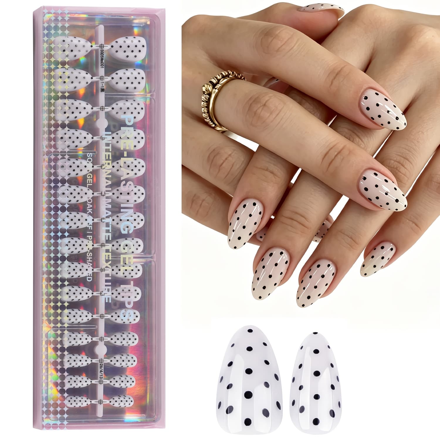 TEMU 150pcs Black And White Polka Dot Almond Short Press-on Nails, Simple And Trendy Soft Gel False Nail Stickers, Pre-designed Nails In 15 Sizes, Suitable For Women' Life And Summer Wear.