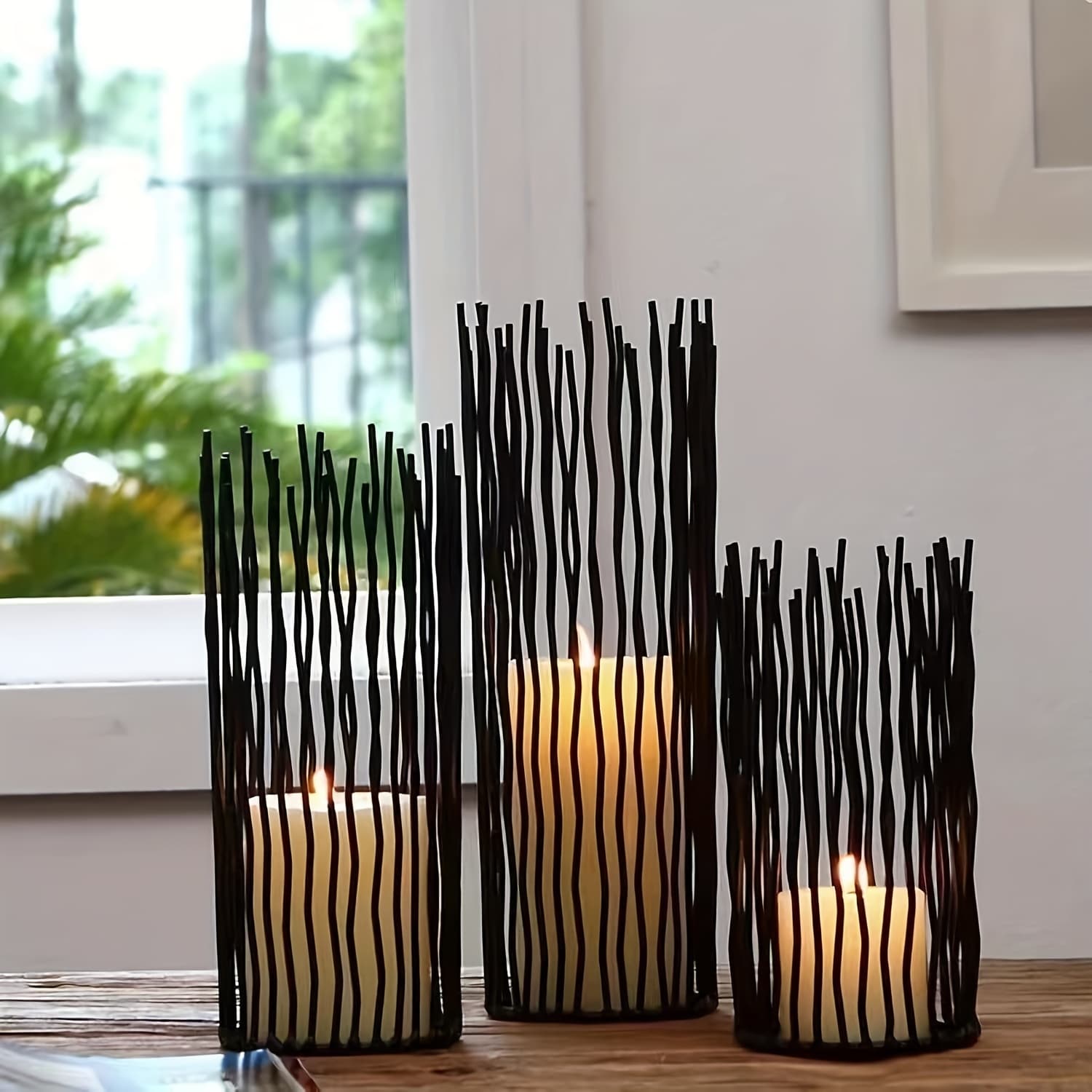TEMU 3pcs Black Metal Wire Willow Pillar Candleholder Set, Creative Hollow Geometric Candle Holder For Table Centerpiece Fireplace Mantel Decoration, Party, Wedding