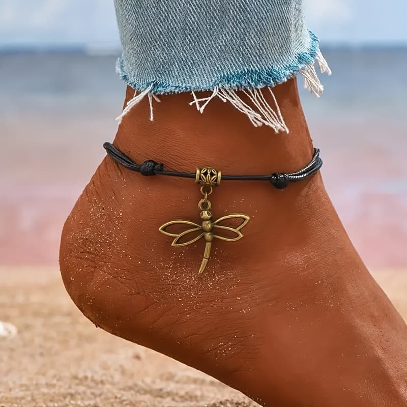 TEMU Bohemian Style Rope Dragonfly Shaped Drawstring Anklet Jewelry Gift 1pc