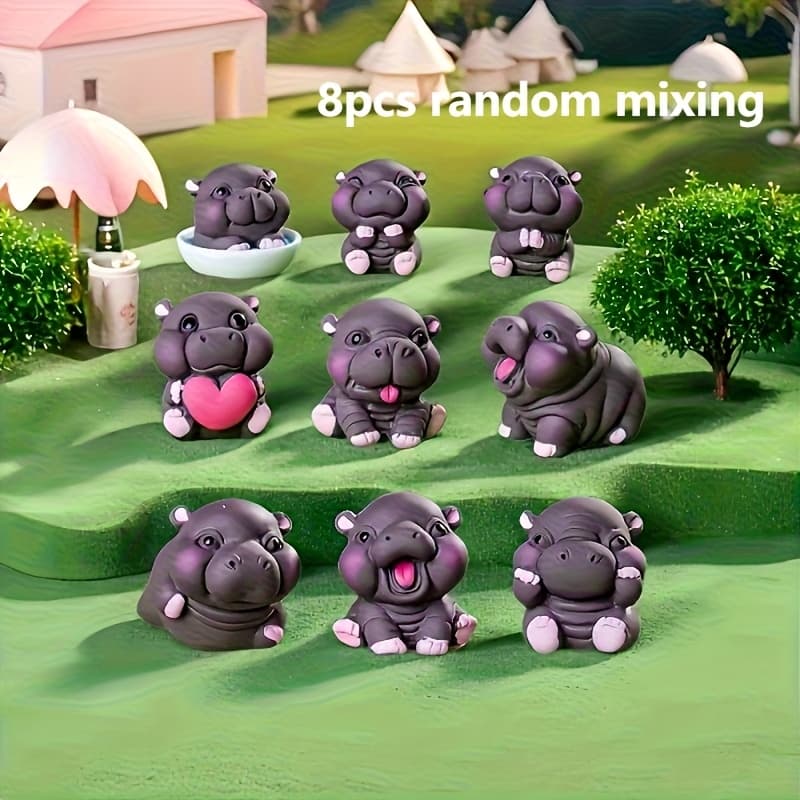 TEMU 8 Random Animal Themed Stores And Landscape Additions, Fun Designed Cute Hippopotamus Figurines - Mixed Resin Mini Hippopotamus Ornaments, Unique , For Electricity For Home Office Desk Decoration