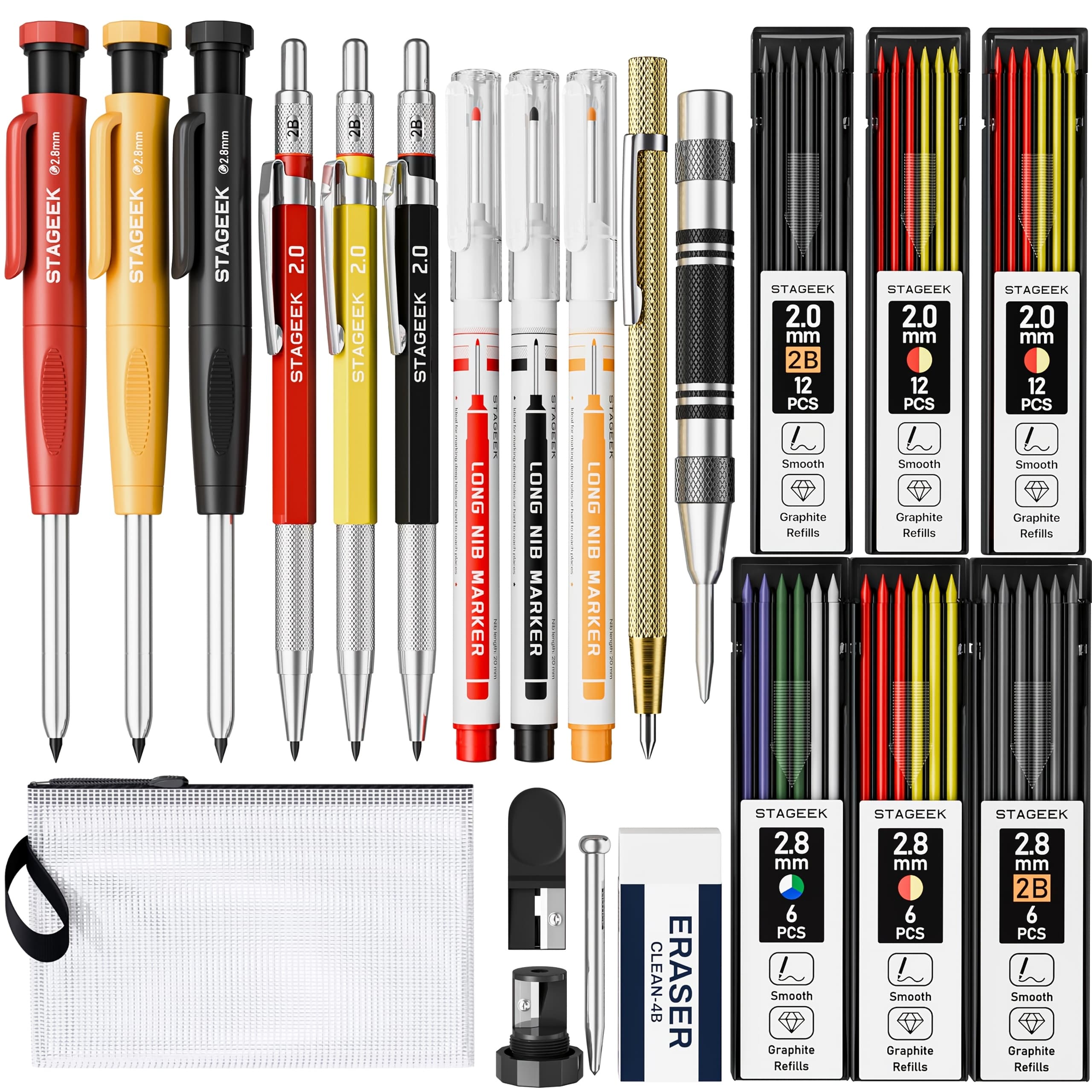 TEMU 22 Pack Mechanical Carpenter Pencil Set With Sharpener 60 Refills, Automatic Center Punch, Carbide Scribe Tool, Eraser And Deep Hole Marker Pen, Heavy Duty Construction Pencil For -with Pouch