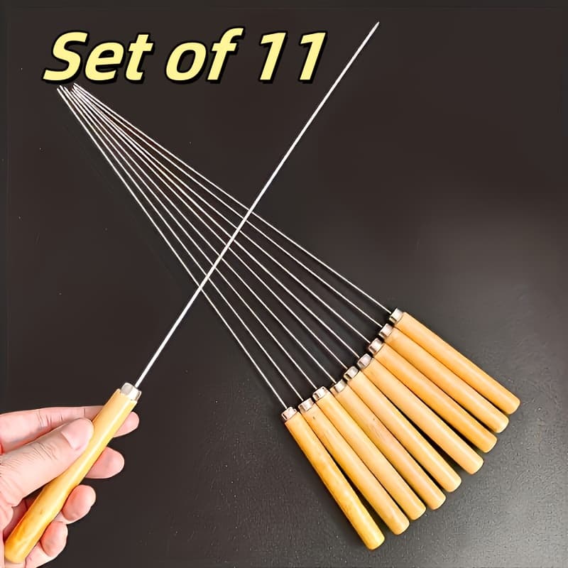 TEMU 11pcs Stainless Steel Skewers With Wooden Handles - For Outdoor Barbecues, Camping, And Picnics, Outdoor Grilling Accessories, Comfortable Grip Design, Durable Wooden Handles