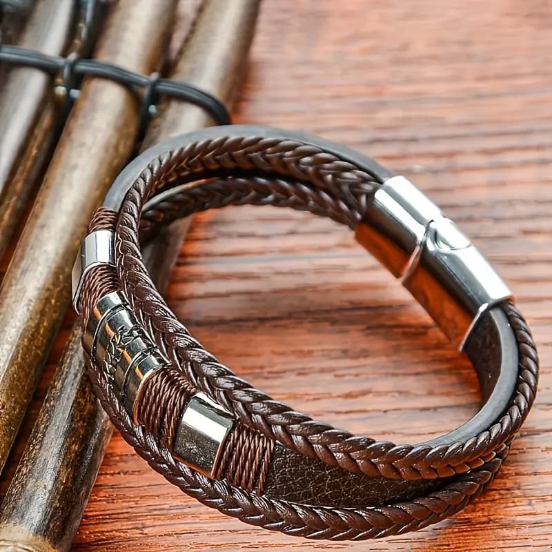 TEMU Men's Faux Leather Magnet Accessory Bangle Bangle Bracelet 1pc Gift For Faux Leather Woven Matching