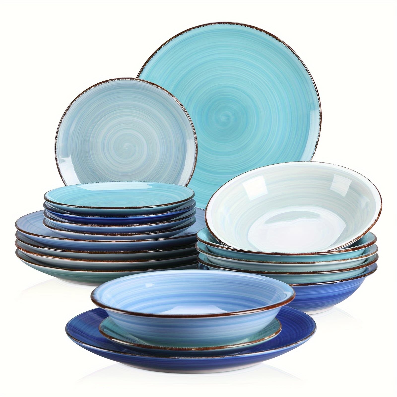 TEMU 18pcs Stoneware Dinner Set With Hand-painted Design, Including Plates, Bowls, And Mugs In Blue