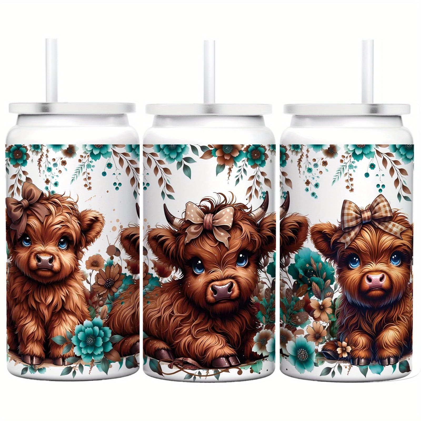 TEMU 1 40 Oz Double Wall Stainless Steel Vacuum Insulated Mug, 3 Highland Cows Surrounded By Teal And Green Leaves, Heat , Durable And Portable, 24 Hours Cold, 12 Hours Hot, Fathers Day Gift