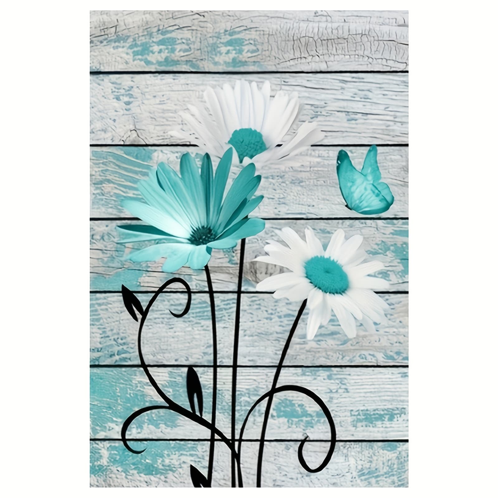 TEMU 1pc Frameless Vintage Canvas Wall Art - Teal & White Daisies With , Rustic Farmhouse Decor, 12x18 Inch Durable Canvas Poster For Home Or Office, Vintage