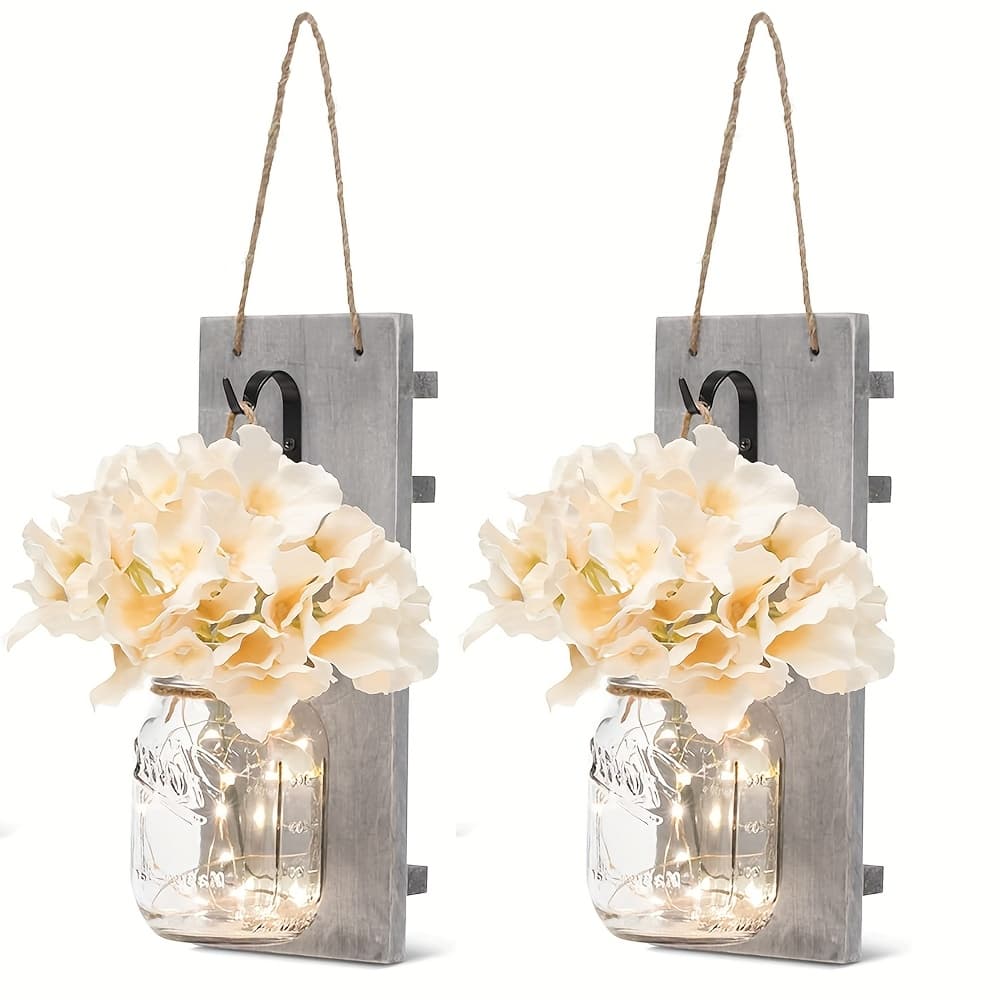 TEMU 2pcs Mason Jar Sconces Wall Decor, Handmade Rustic Wall Sconces Flowers, Hanging Mason Jar For Farmhouse Kitchen Decorations Wall Decor