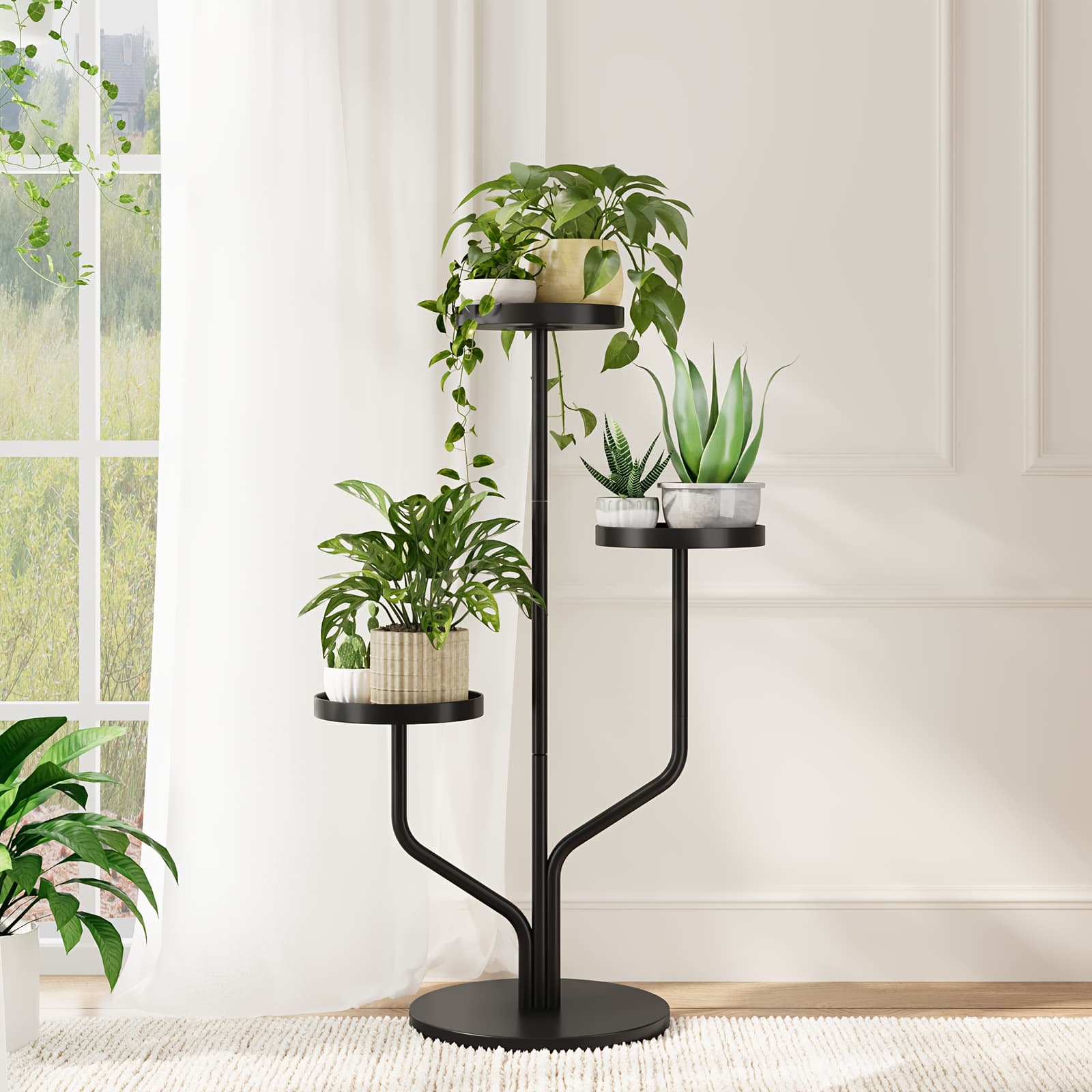 TEMU 3-tier Tall Plant Stand Indoor/outdoor - Modern Black Metal Corner Shelf With Curved Legs, Space-saving For Garden, Patio, Balcony & Living Room Decor, Plant Decor, Sturdy Construction