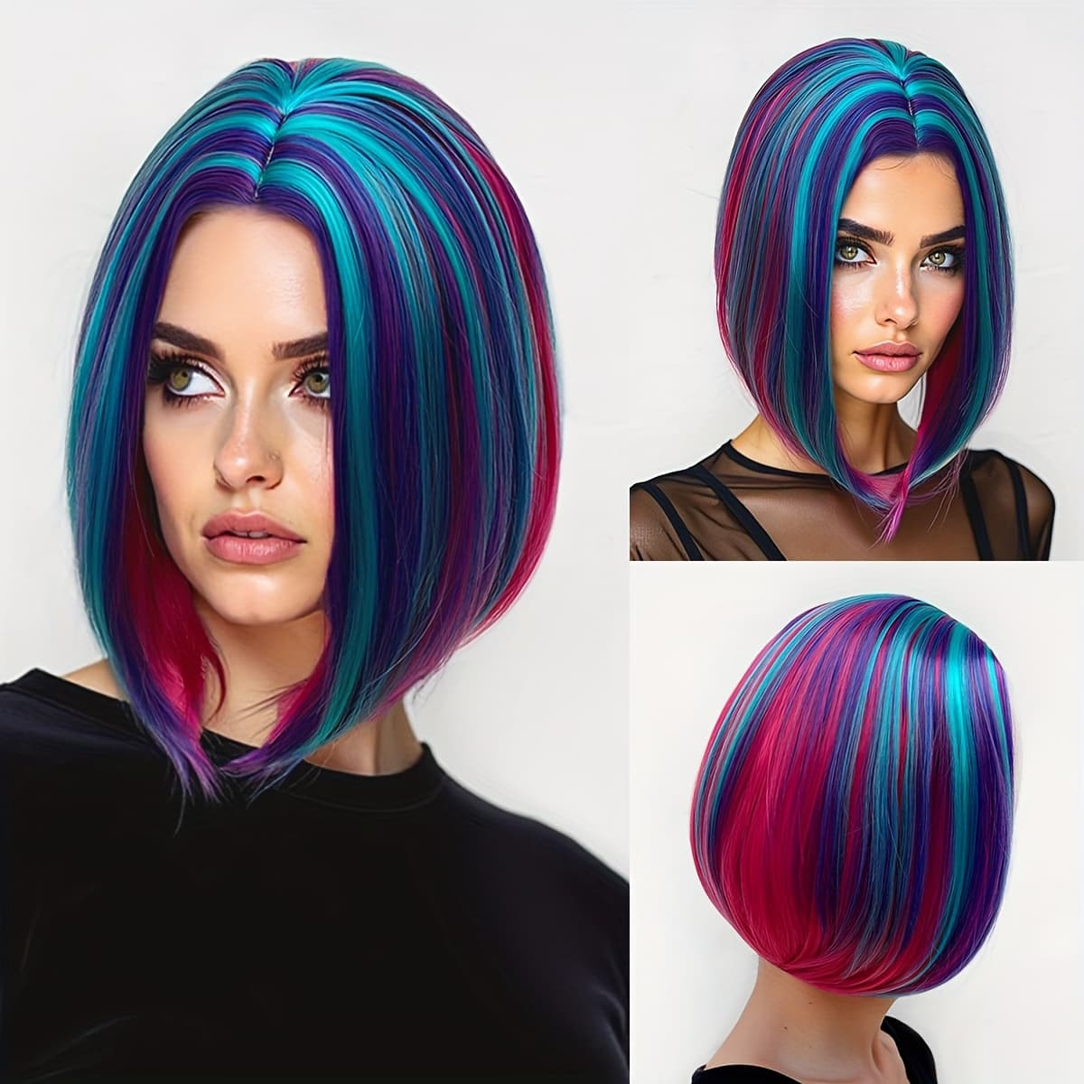 TEMU A Colorful Synthetic Wig With Part, Short Bob Style With Curls, 12 Inches Long In Orange, And A 14-inch Gradient Brown Wig Of Medium Length With Bangs, Along With A Black Bob Wig