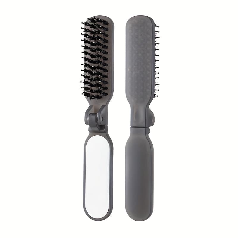 TEMU Travel Portable Bristle Comb With Makeup Mirror Portable Women's High Crown Volume Styling Hairbrush Foldable Comb Mirror