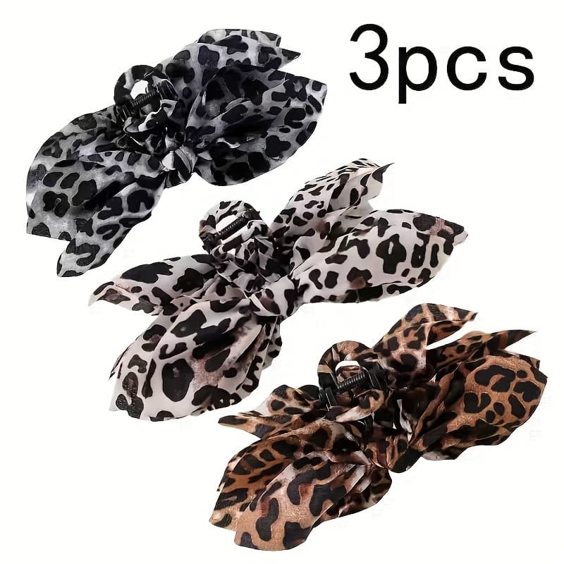 TEMU 3pcs New Stylish Leopard Print Bow Bun Hair Clip For Women, Elegant High Ponytail Holder