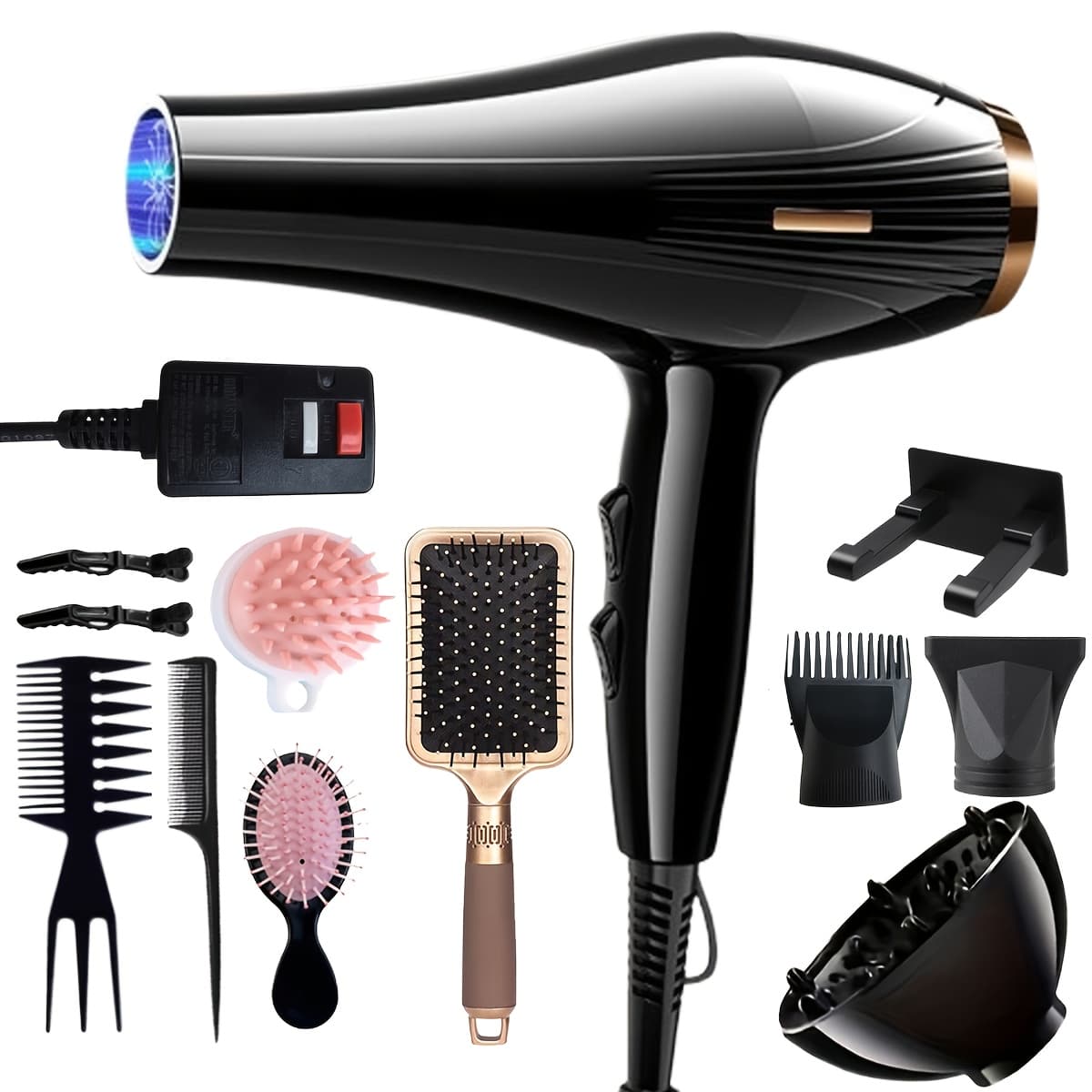 TEMU Morfone 12pcs Black And Dryer Set Hair Care Tools, Home Hair Salon Hair Dryer Multi-speed Adjustable Blow Drying Hair Styling And Curling Comb For Home, Salon, Dorm Room, Unique Mom Gifts