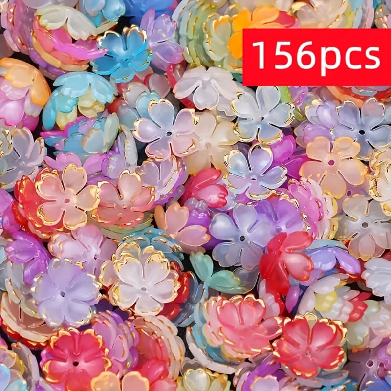 TEMU 156pcs 15mm Five-petal Flower Bead Holders With Hot Golden Edges - Multicolor Acrylic Diy Craft Beads Suitable For Wedding Decorations, Hair, Making, Favors, Gift Capsules