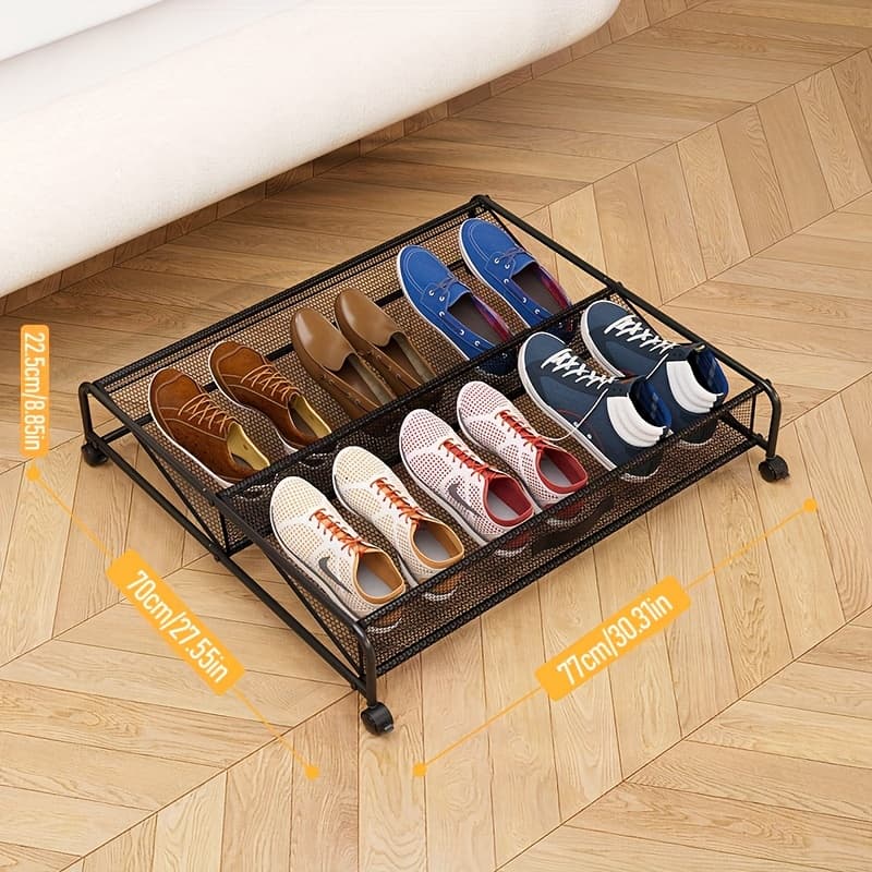 TEMU Easy Shoe Rack, Under-bed Storage Rack, Multi-functional Wrought Iron Bedroom Organizer Storage Box, Storage Mesh With Pulley Shoe Cabinet