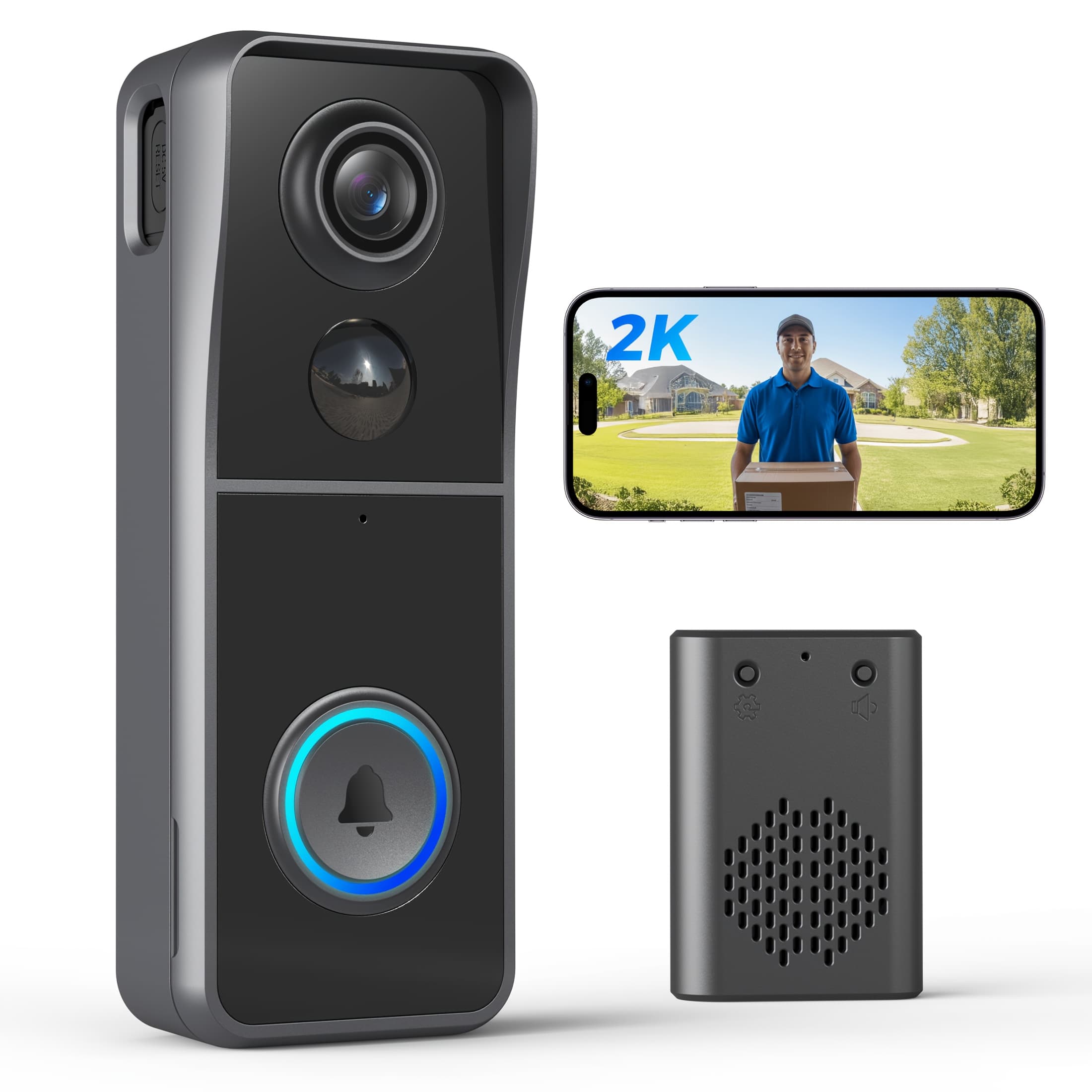 TEMU Home Security Wireless Doorbell Camera With Indoor Receiver, 2k Night Vision, 120° Panoramic View, Audio, Automatic Tracking Of People And Vehicles, 2.4g Wifi Multiple Sets 1pack 2pack