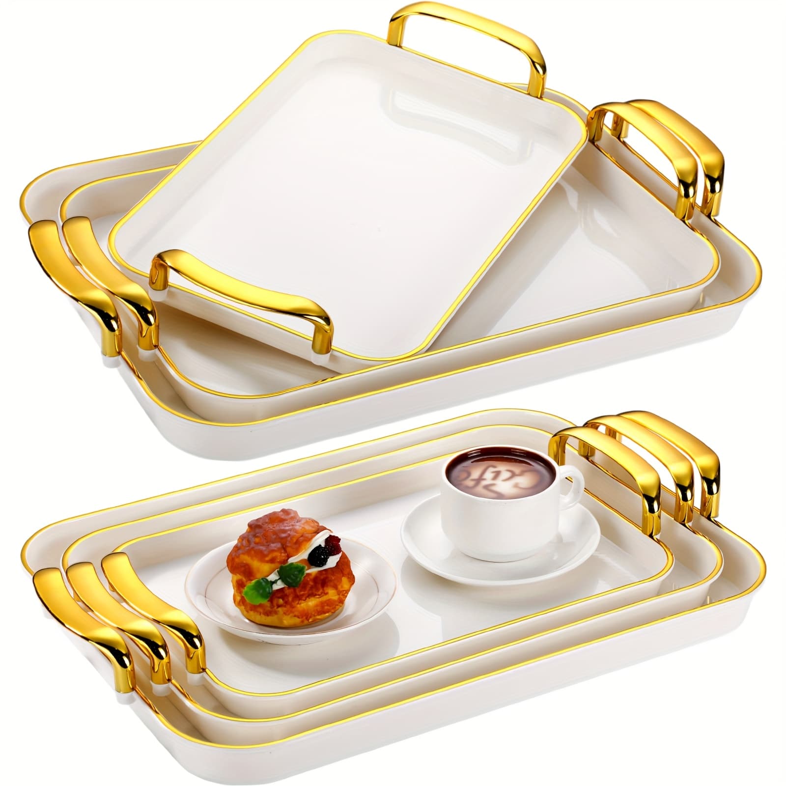 TEMU 6pcs Serving Platters With Handles 18.3/16.73/14.8 Inch Large Rectangular Serving Tray Reusable For Entertaining Dinner Party Wedding Decoration (golden Handles, White)