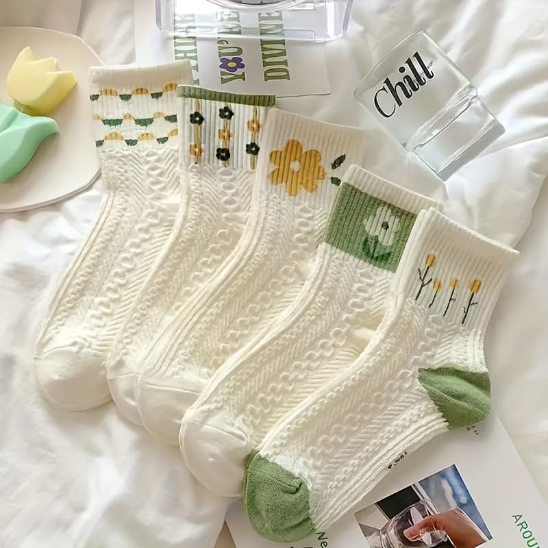 TEMU 5-pack Floral Print Ribbed Socks, Breathable And Comfortable Women's Mid-calf Socks, Hand Wash, Polyester Material, Flower Pattern, Women's Socks, Ankle Socks, Other Women's Ankle Socks