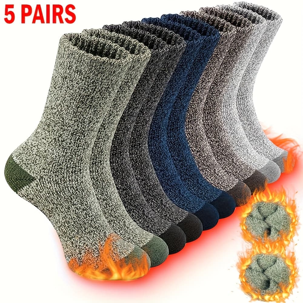 TEMU 5pairs Thermal Warm Winter Socks 5pcs, Breathable Polyester Fabric, Comfortable Outdoor Socks For Hiking & Fishing, & Machine Washable