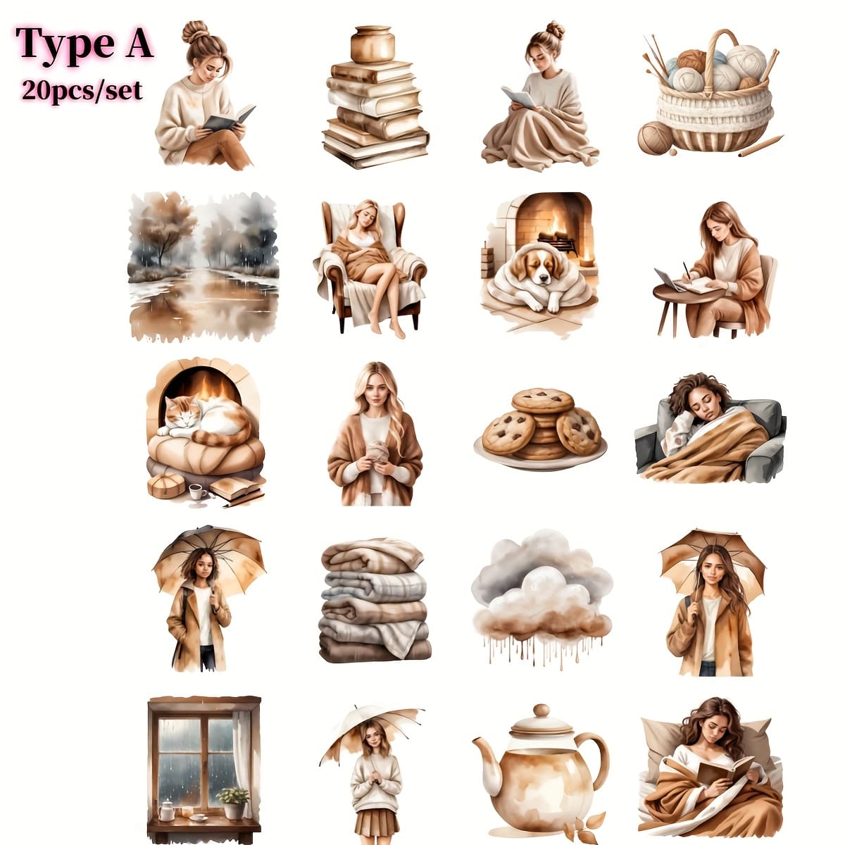 TEMU 20pcs/set Creative Retro Warm Home Rain Cat High Quality Sticker Decoration Handmade Diary Sticker Decoration Travel Notebook Sticker Diy Diary Sticker Magazine Decoration
